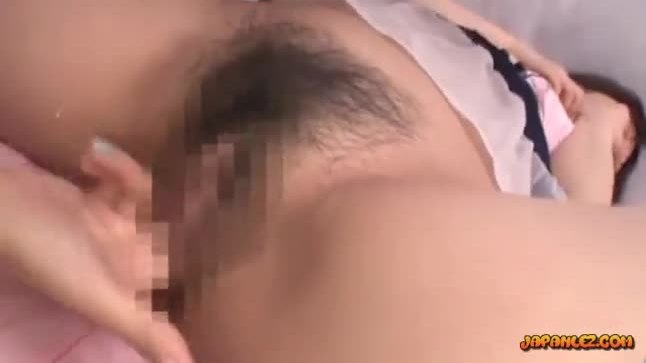 Busty asian girl getting her hairy pussy fingered fucking with doubledildo on th